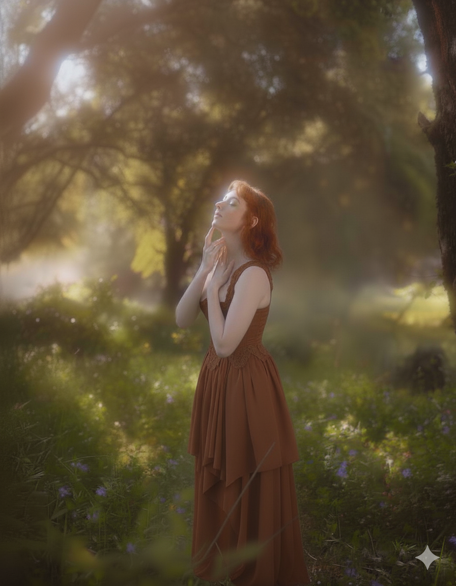 Woman in a brown dress in a sunlit meadow